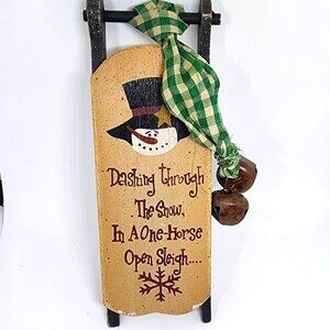 Snowman Wood Sled w Bells Country Cottage Farmhouse Christmas Holiday Ornament